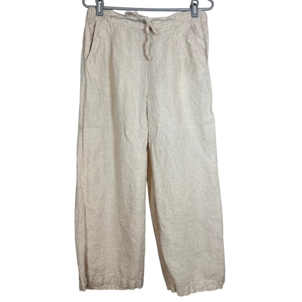 Cynthia Rowley 100% Linen Wide Leg Pants Womens Small Beige Tan Drawstring Waist
